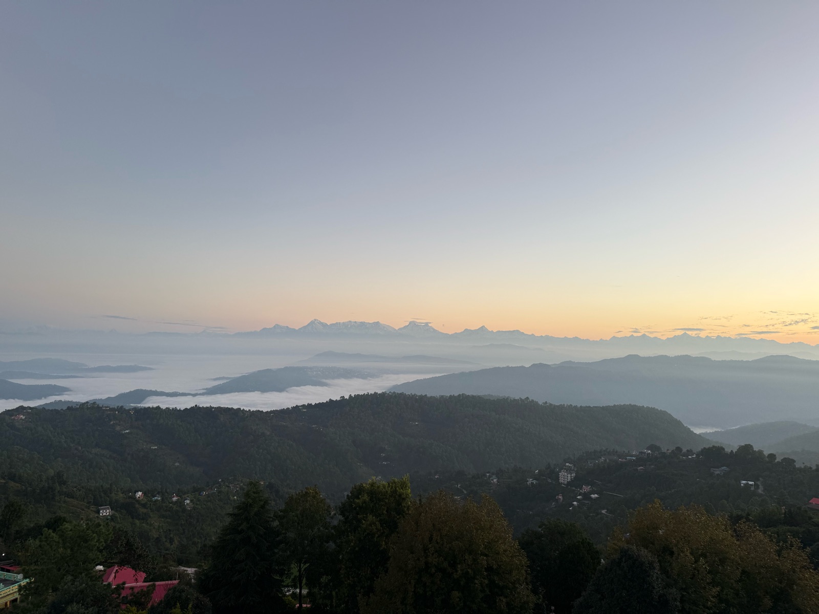 Dawn from Mukteshwar: cloud lying flat along the valley floor, wooded ridges standing out of it, and the snow line of the high Himalaya catching the first gold on the horizon.